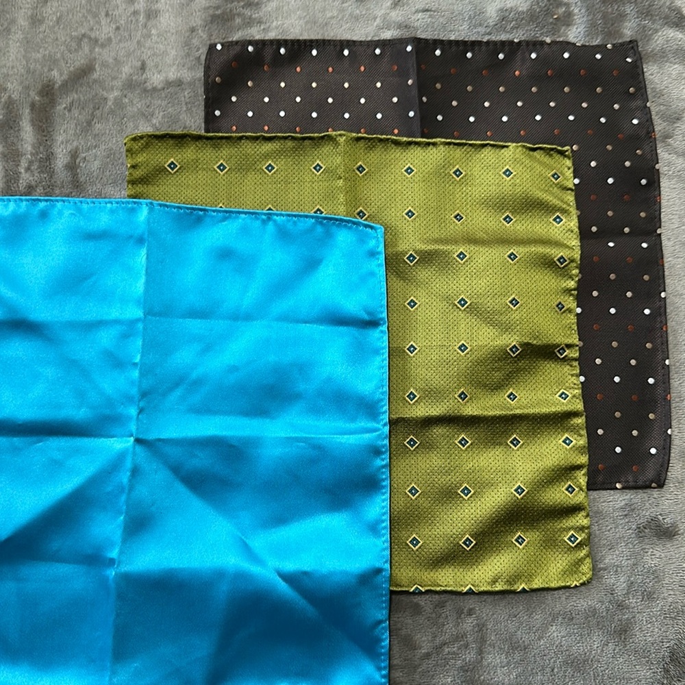 3 Men’s pocket square. Blue, Green, and brown.